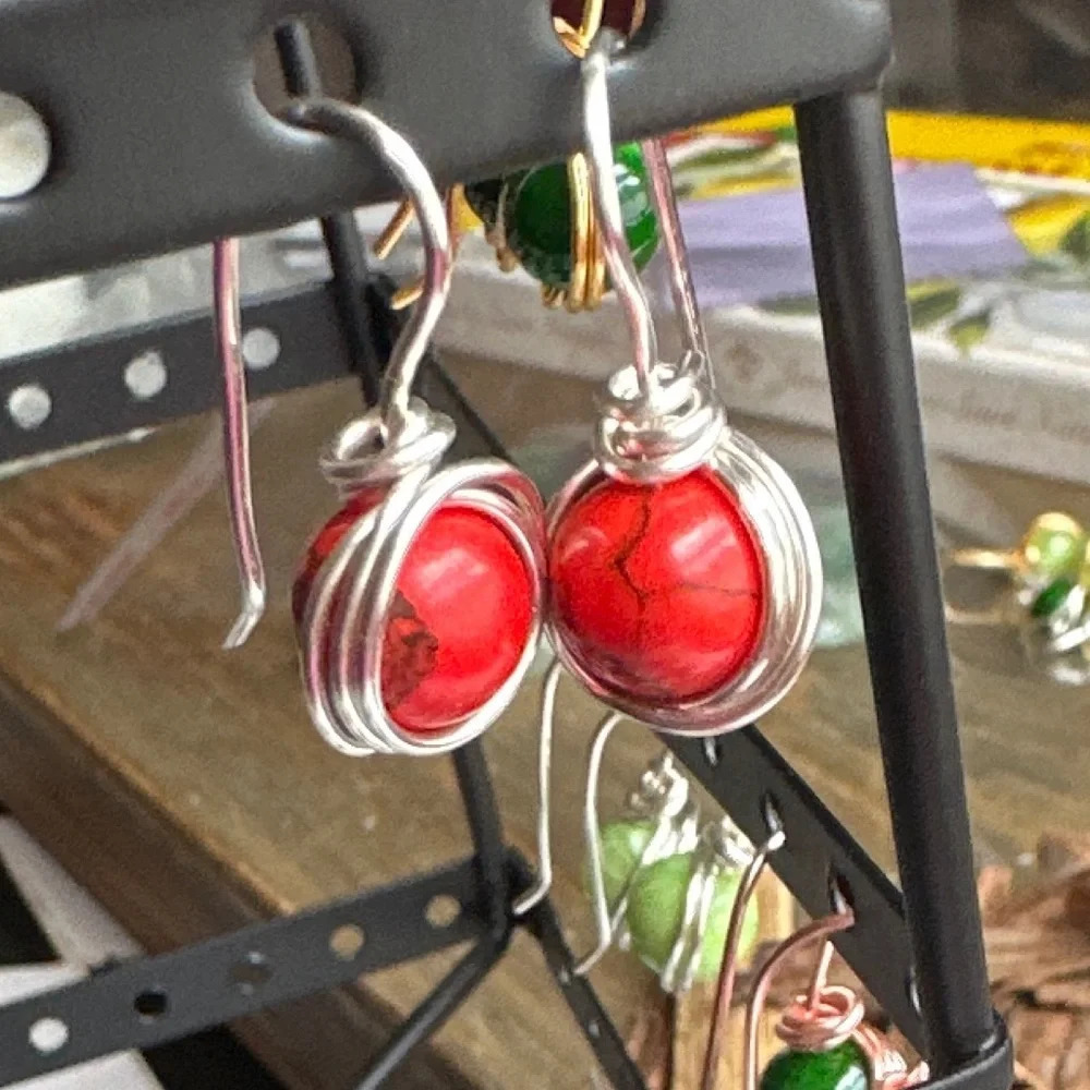 Red turquoise silver drop earrings/bon bon/bohemian turquoise jewelry dangle